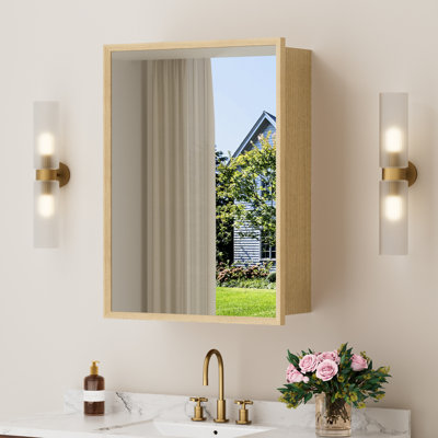 Pharmacie en bois à cadre biseauté avec miroir, tablettes réglables, charnières à fermeture en douceur, porte réversible, armoire de salle de bain murale ou encastrée, chêne clair l 16 po x H 24 po