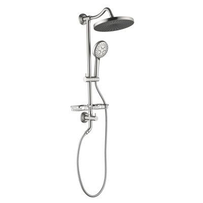 Mélange de douche avec pomme de douche à effet pluie de 10 po, douche à 4 mains, glissière réglable et porte-savon à languette en nickel brossé