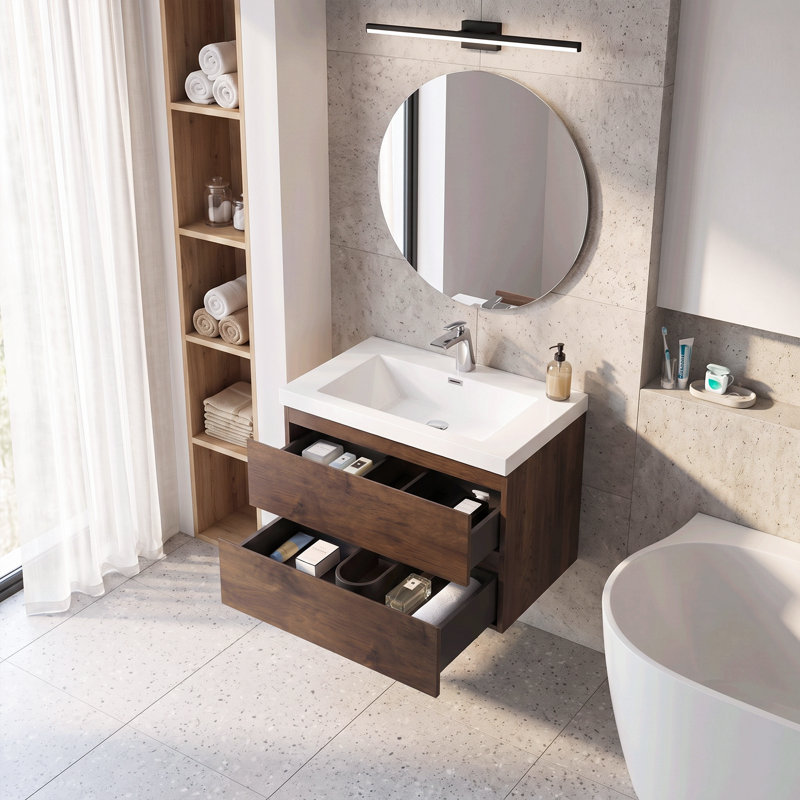 Meuble-lavabo suspendu de 76 cm (30 po) avec lavabo intégré en résine et carbonate de calcium, quincaillerie à fermeture amortie, découpes en forme de U, entièrement assemblé