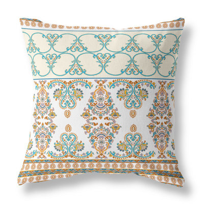 20" X 20" White And Blue Broadcloth Floral Throw Pillow