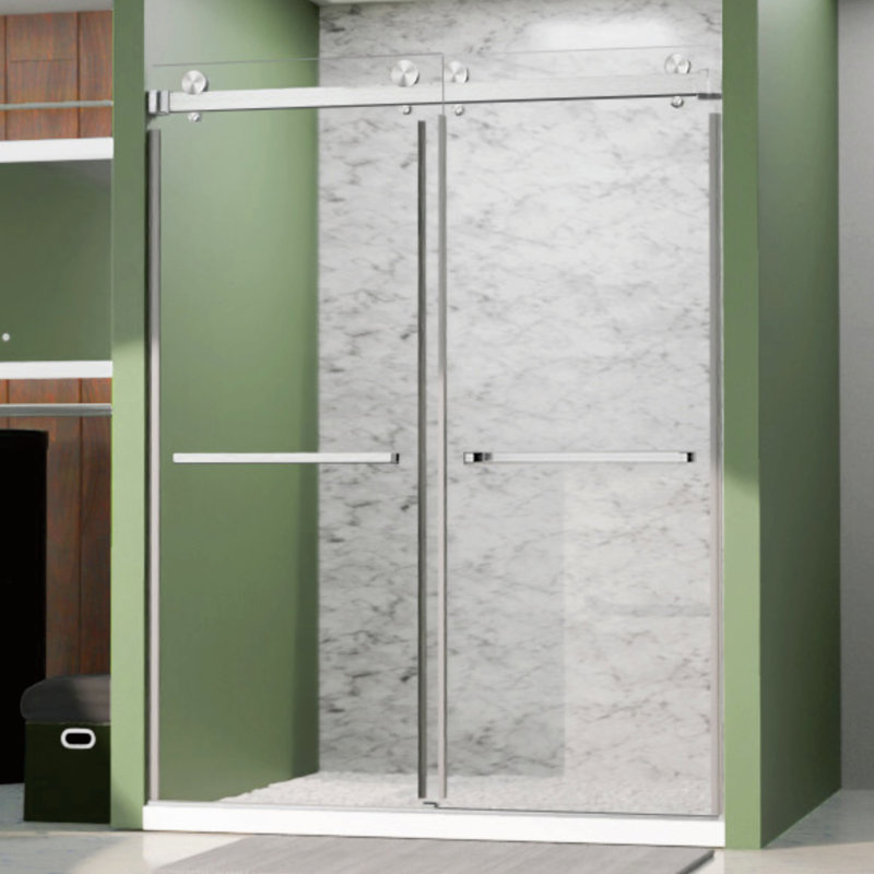 Royal 66 to 72 in. x 80 in. H Frameless  Double Sliding Shower Door with Two Towel Bars in Brushed Nickel and 3/8 in. (10mm) Clear Glass