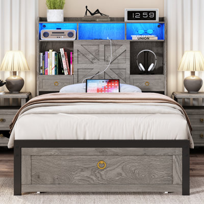 Base de lit simple à DEL de style campagnard industriel avec tête de lit avec rangement, lit plateforme en métal avec station de charge USB, lumières à télécommande RVB et application, support de lattes en métal, silencieux, aucun sommier tapissier requis