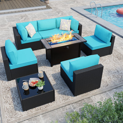 Bushrah 6-Person Outdoor Wicker Patio Seating Group with Cushions and Fire Pit