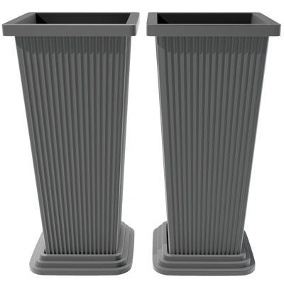 Ensemble de 2 grandes jardinières d'extérieur, 24 po avec drain et soucoupe, gris