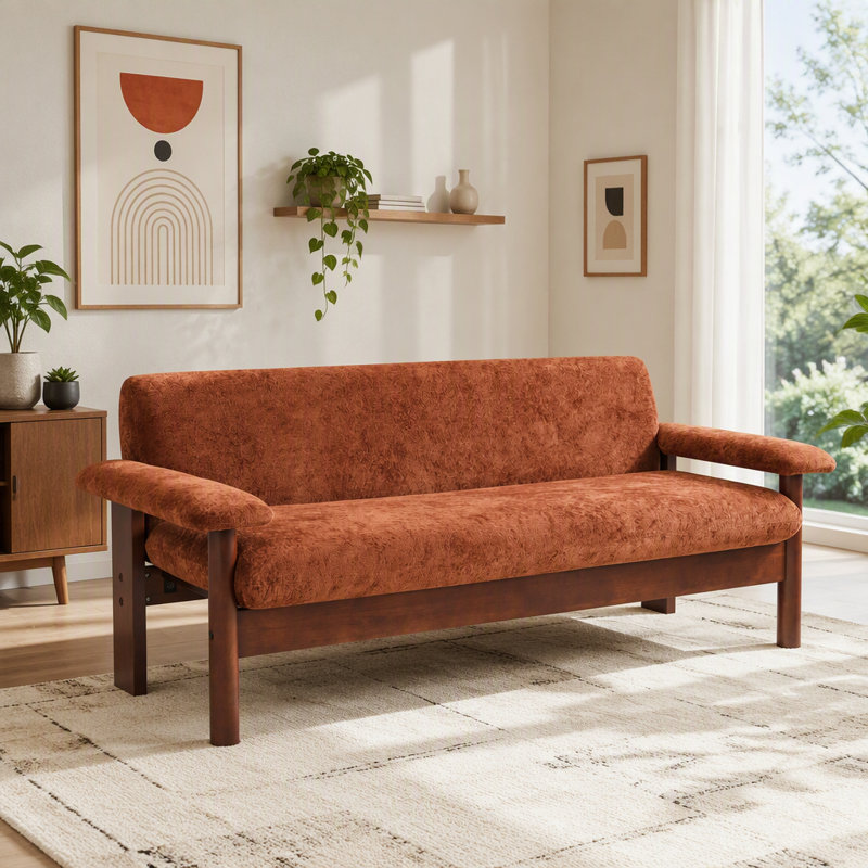 Canapé moderne en chenille avec accoudoirs rembourrés et coussin amovible, Rouge