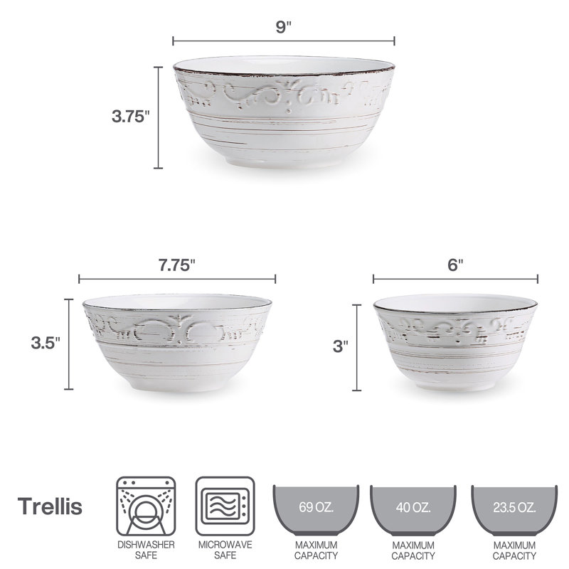 White Ceramic Rustic Patterned Serving Bowl Set of 3