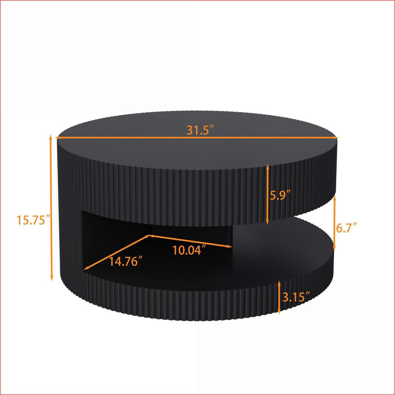Table basse ronde noire à rayures verticales 31,5 po à 2 niveaux peu encombrante et facile à nettoyer, Noir