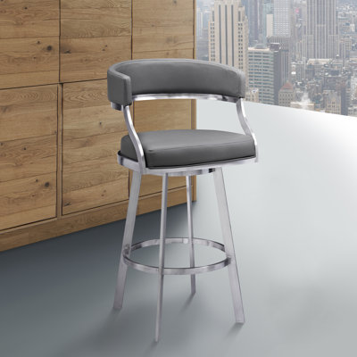 Dehn Modern Swivel Counter or Bar Height Barstool with Open Back and Footrest in Metal and Faux Leather