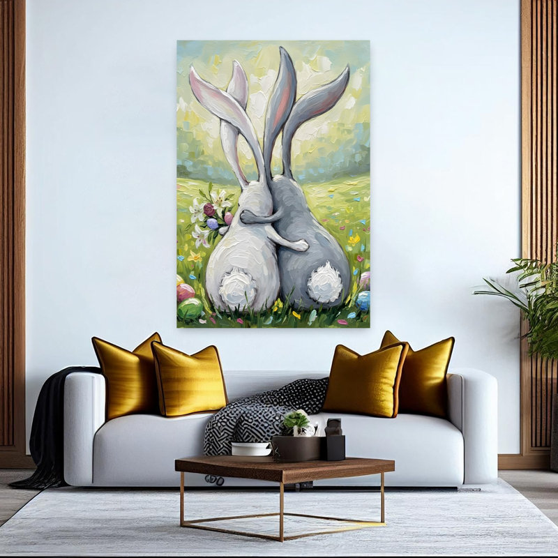 «Sweet Rabbit Embrace Contemporary Rabbit Flower», art mural, H 60 po x l 40 po