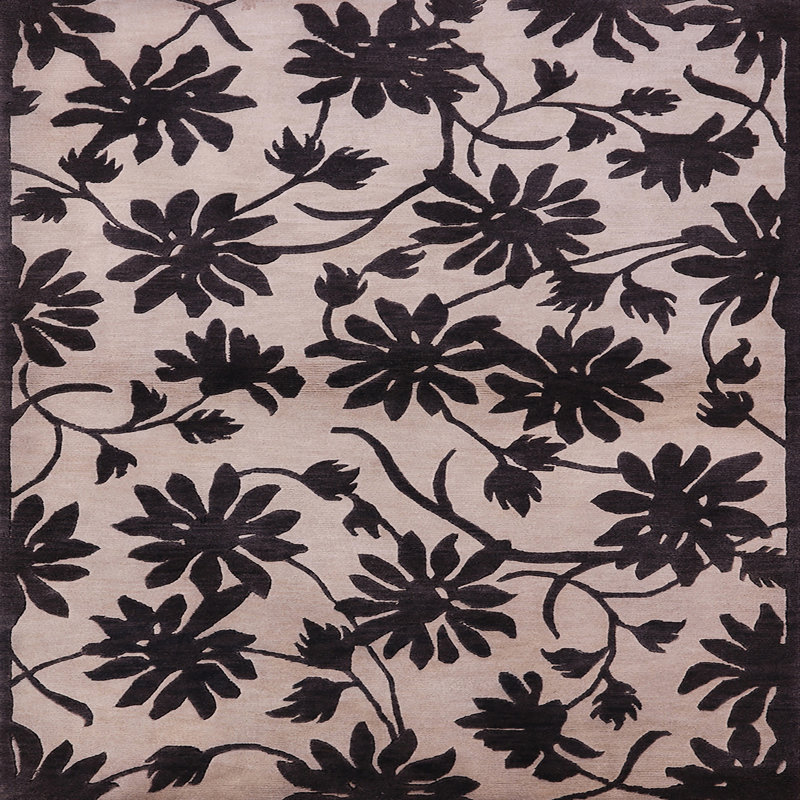 Tapis noir / beige à motif floral Lewis, Carré 6 pi