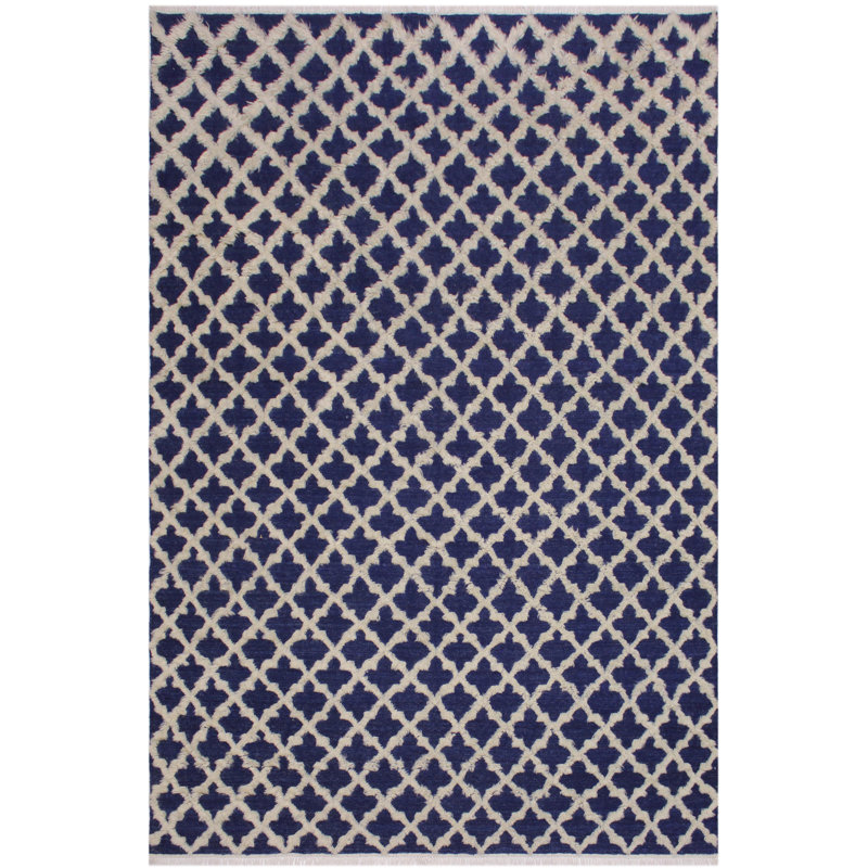 Tapis géométrique bleu / ivoire en laine noué à la main 8 pi x 10 pi 1 po Madgalene, Rectangle 9 pi 6 po x 11 pi 1 po