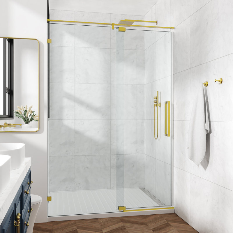 56-61" W x 76" H Frameless Single Pivot Shower Door with Clear Tempered Glass, Shatter-Resistant Film & Installation Hole Locator