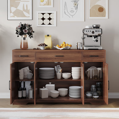 55 Inch Modern Farmhouse Buffet Sideboard Cabinet with 4 Storage Doors, 3 Drawers & Adjustable Shelf, Heavy-Duty Kitchen Coffee Bar Storage Console Table for Dining Room, Living Room, Walnut