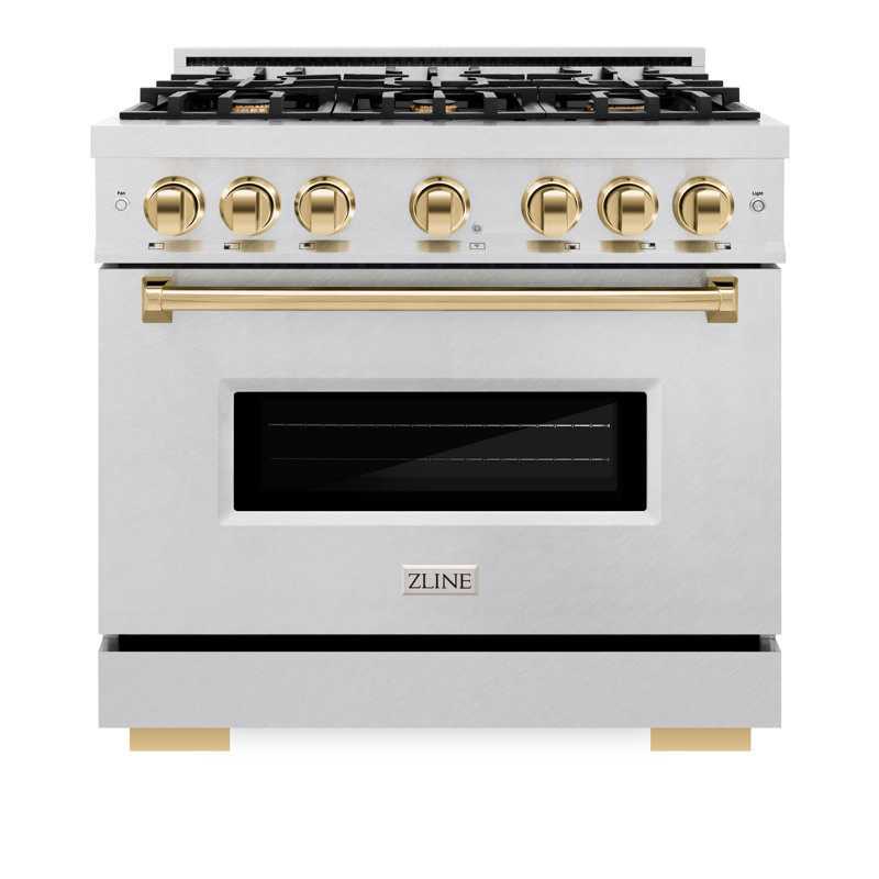 ZLINE Autograph Edition 36 in. 5.2 cu. ft. Classic Gas Range with 6 Burner Cooktop and Convection Gas Oven in Satin Stainless Steel and Accents