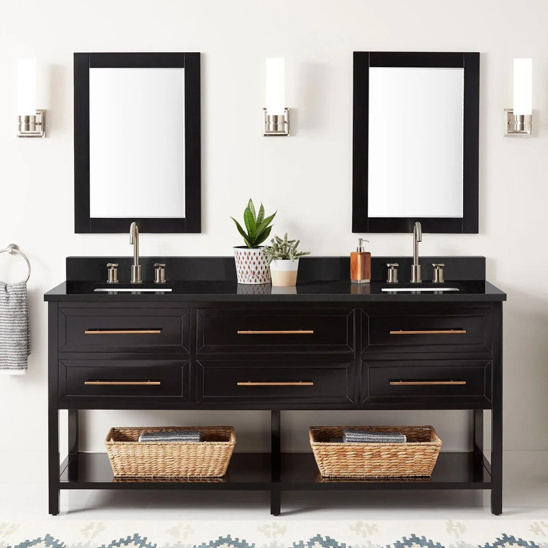 72" Robertson Double Bathroom Vanity Set with Rectangular Undermount Sinks, 8" Widespread, Feathered White Quartz, Black