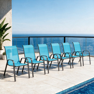 All-Weather Stackable Patio Chairs, Durable Textilene Fabric with Armrests, Sturdy Metal Frame, Ergonomic Quick-Dry Outdoor Dining Chairs for Backyard & Poolside(Sky Blue, 6pcs)