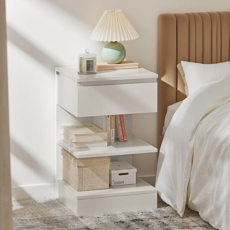 Nightstand with Drawer and Open Shelf Small End Table for Bedroom Living Room White, White