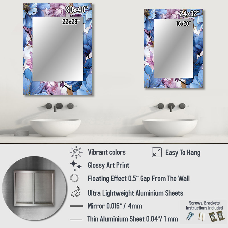 Motif floral bleu et mauve mystique Aura - miroir floral, miroir mural décoratif de campagne, art en métal imprimé