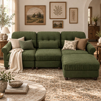 Canapé d'angle modulaire 3 places Chenvera Modern Plush en chenille avec pouf amovible, assise profonde en mousse haute densité, coussins à bords froncés, accoudoirs arrondis, dossier capitonné