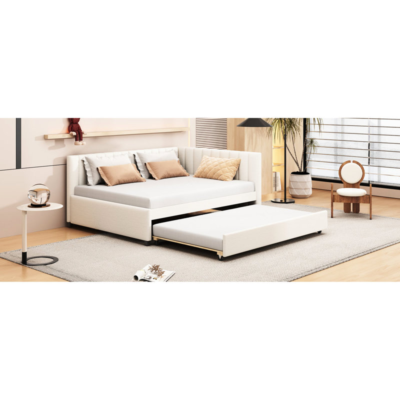 Lit de jour en lin beige avec lit gigogne, sans sommier, cadre en bois, peu encombrant pour les soirées pyjama, lit simple tapissier en lin beige gigogne, stable et sécuritaire