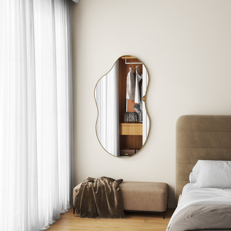 Ashane Asymmetrical Wall Mirror Metal Frame, Antique Brass, 43" x 21.4"