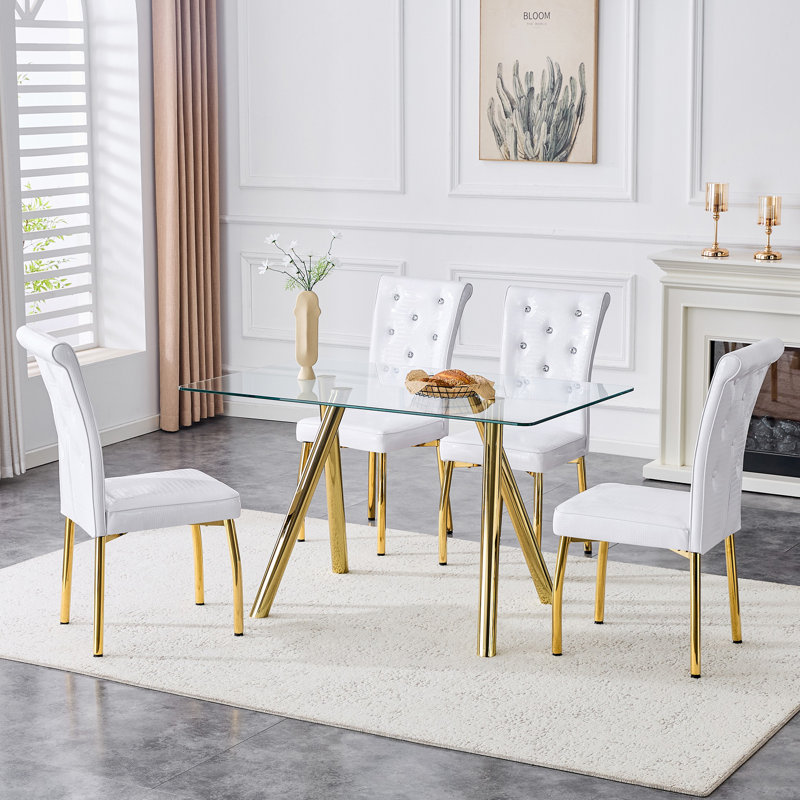 Table de salle à manger en verre trempé avec pieds robustes en métal, Doré