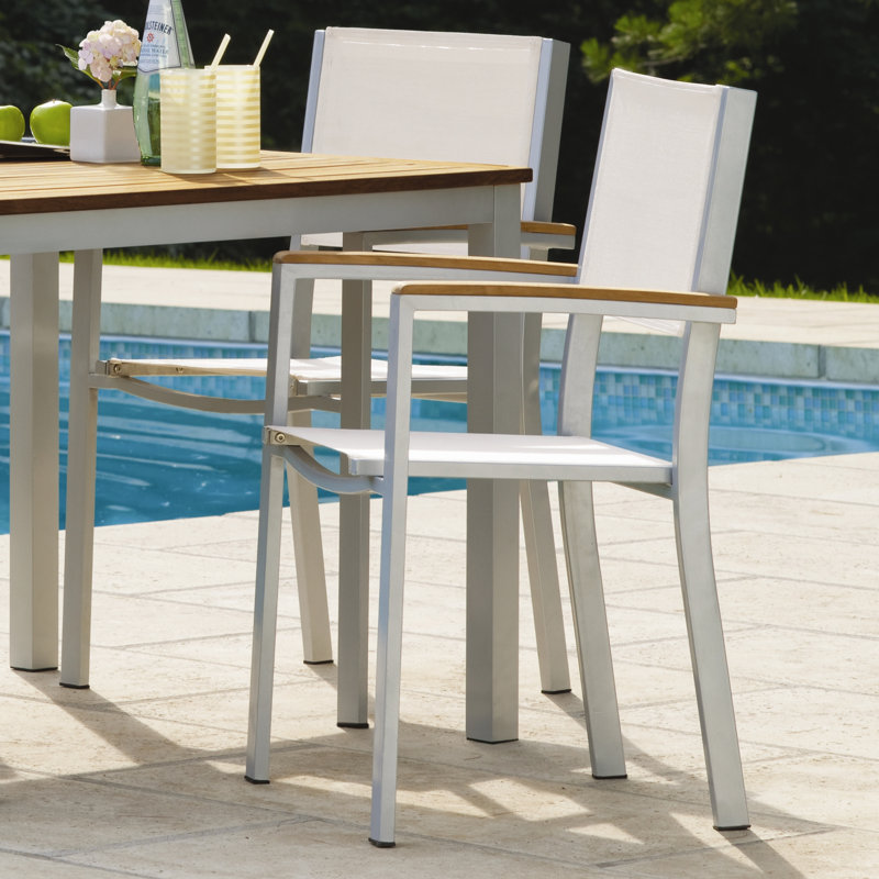 Travira Stacking Patio Dining Chair, Titanium Basketweave, Tekwood Natural, Flint