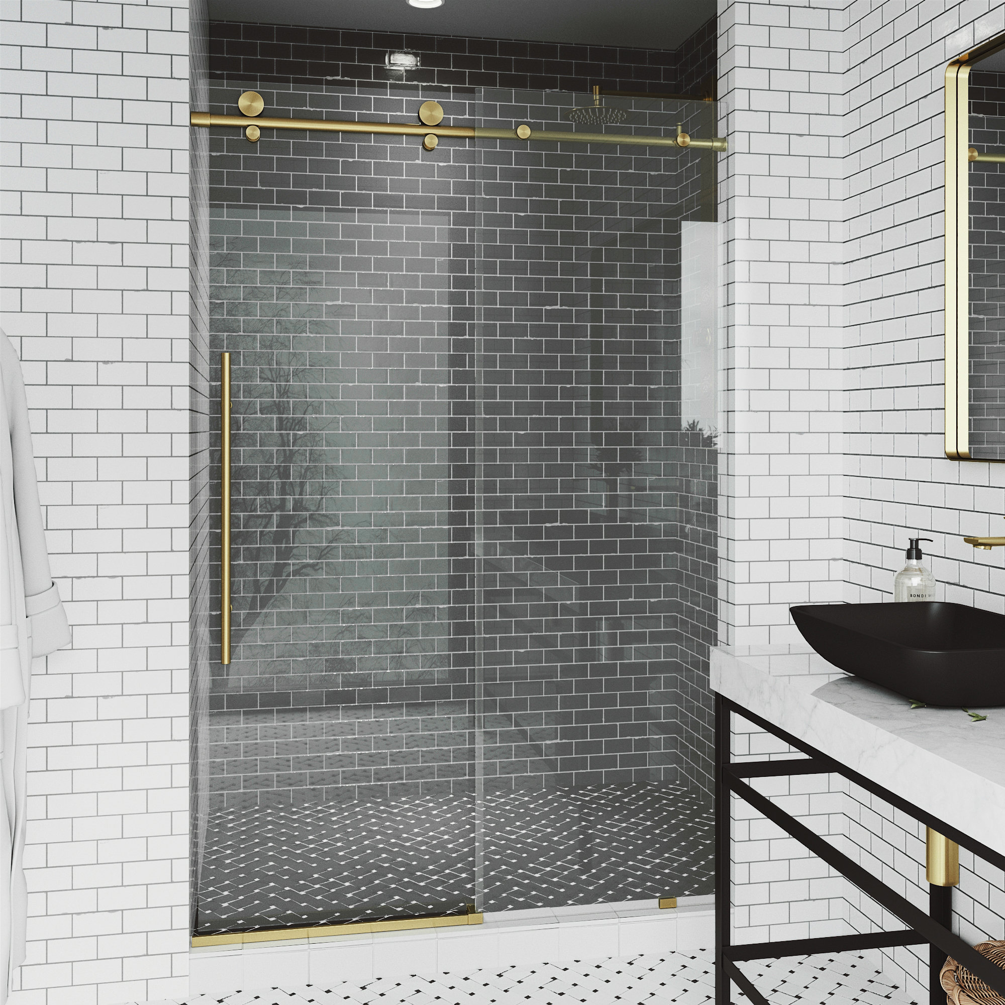 Elan E-Class 60-64" W x 76" H Sliding Frameless Shower Door with 3/8" Clear Glass, Matte Brushed Gold