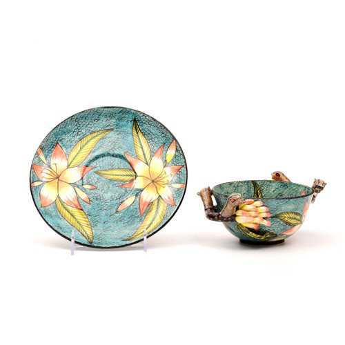 Ensemble de bols et assiettes décoratifs ronds en céramique bleu clair / jaune / or