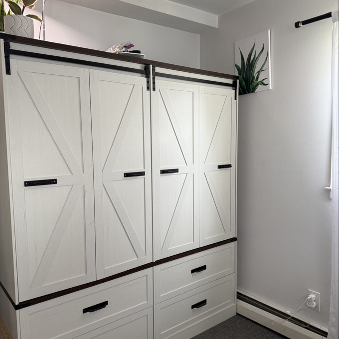 73.00''H Armoire Wardrobe With Sensor Light, Drawers, Hanging Rod And Folding Sliding Barn Doors - White