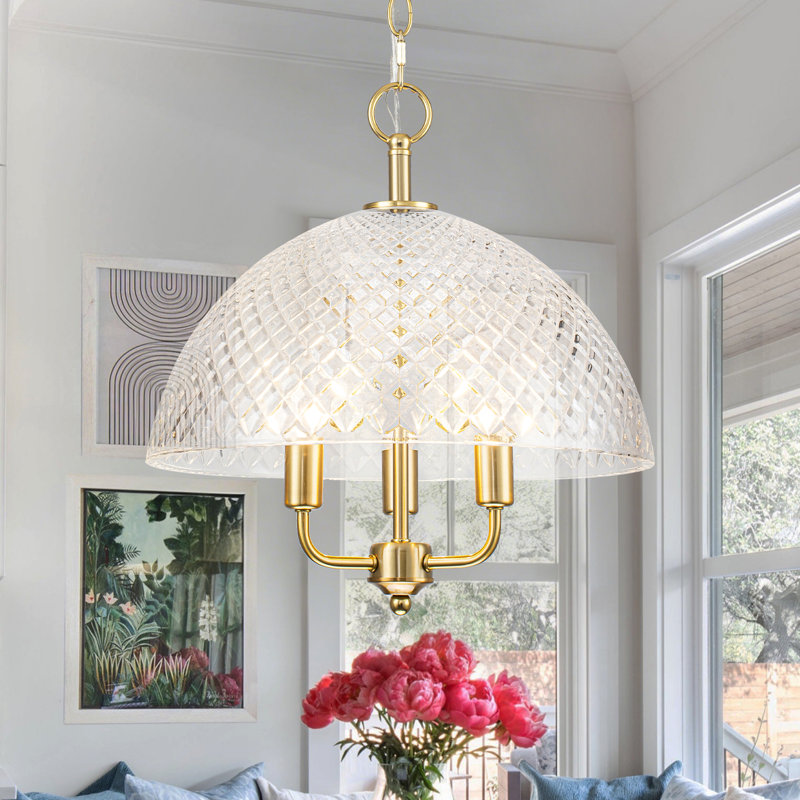 Lustre vintage en verre taillé en diamant | Luminaire suspendu en laiton 3 lumières avec chaîne réglable | 20 à 97 po de hauteur | Homologué UL / ETL