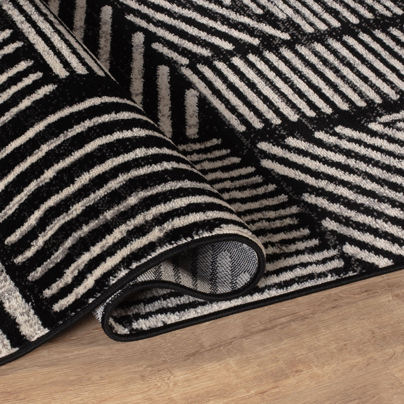 Rambo Geometric Black/Ivory Area Rug, Rectangle 7'10" x 10', Black