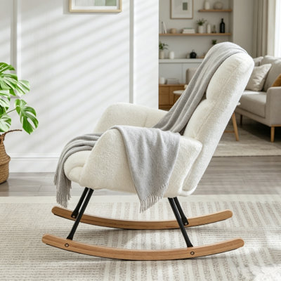 Soft White Teddy Fabric Cushioned Rocking Chair With High Backrest And Padded Armrests, Comfortable Lounge Chairs For Living Rooms, Bedrooms, And Balconies