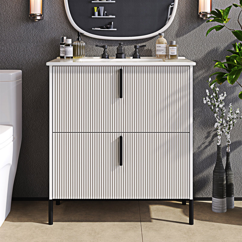 Bathroom Vanity With Ceramic Sink And Drawers, White