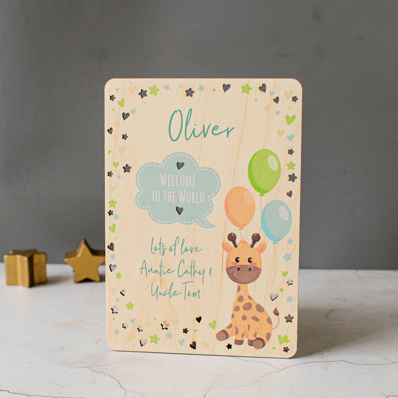 Joske Personalised Wooden Card For New Baby In Blue, Yes