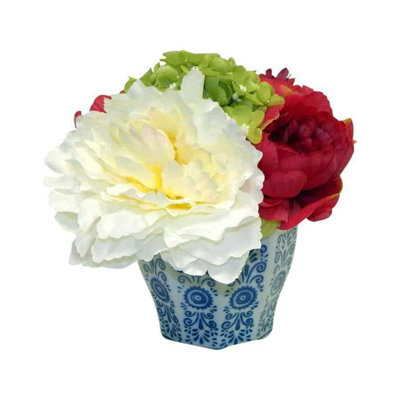 Arrangement floral pivoine et viburnum en pot