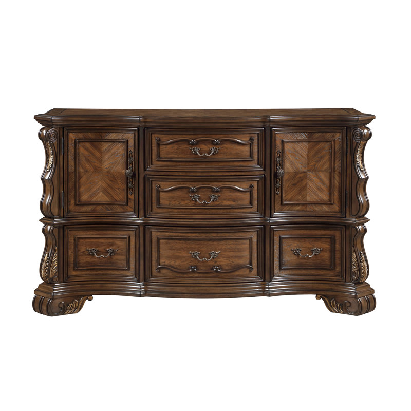 Commode de luxe formelle à finition brune foncée avec 5 tiroirs décoratifs dorés et 1 armoire de rangement pour la chambre à coucher