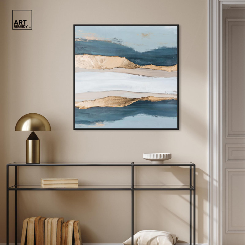 Art Remède abstrait avec toile dorée Blue Ridge III, H 12 po x l 12 po, Cadre noir