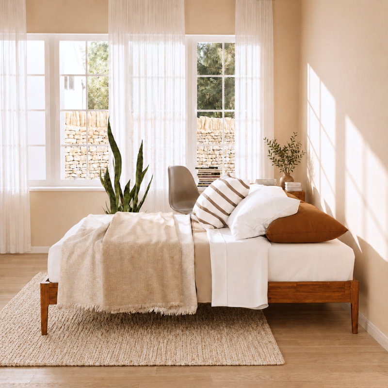 Jaxson Modern Acacia Solid Wood Platform Bed Frame, Exclusive Curved Bed Legs, No Headboard, 800lbs Heavy Duty Capacity, No Box Spring Needed