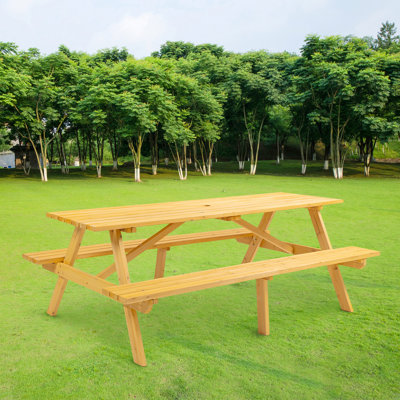 8 Person Wooden Picnic Table, Outdoor Camping Dining Table With 2 Seats, Garden, DIY With 2 Built-In Benches, 2220Lb Capacity by Bungalow Rose