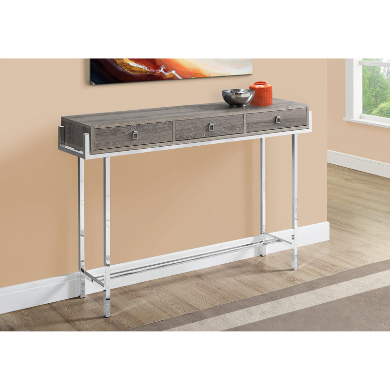 Table d'appoint contemporaine avec rangement - stratifié taupe, structure en métal, base rectangulaire et tiroir moderne, compact pour les petits espaces, salon