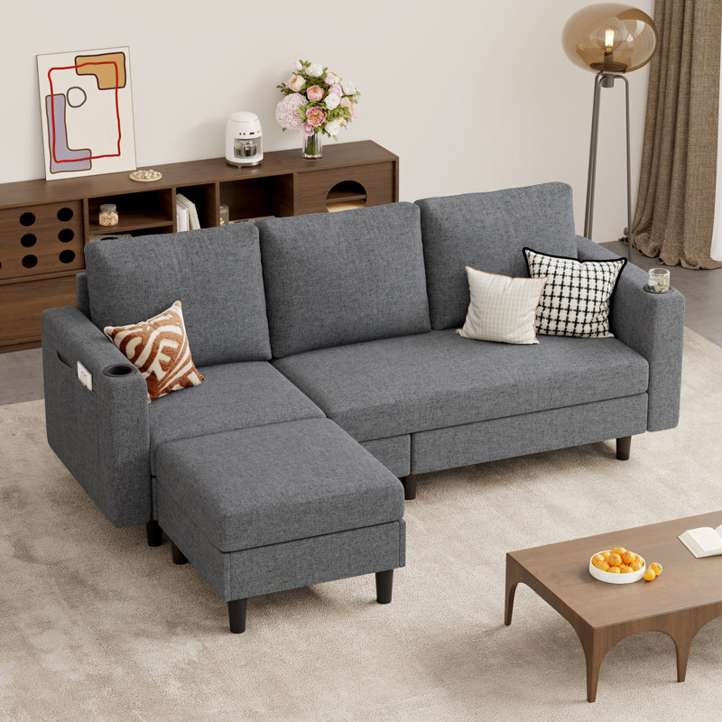 Modern L-Shaped Sectional Sofa with Chaise USB Charging Port and Storage, Gray Linen