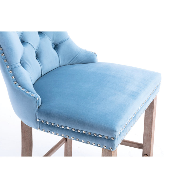 Velours bleu avec pieds en bois, coussin confortable, garniture décorative, 2 capitons à boutons contemporains rembourrés, mousse haute densité