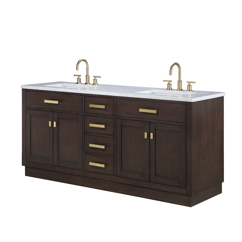 Chestnut 72" Carrara White Marble Countertop Bath Vanity with Faucet, Brown Oak