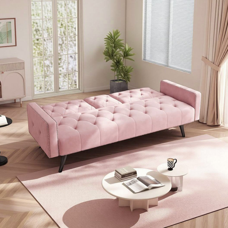 Canapé-lit à accoudoirs carrés 72,4 po Jillane, Velours rose