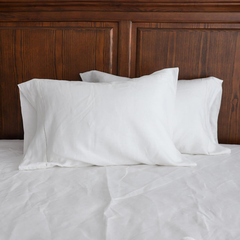 100% Linen Pillowcase With Hand Drawing Hemstitch Pillow Cover Set Of 2, Standard Pillow Case, White