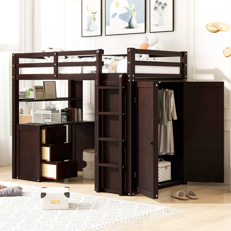 Lit mezzanine simple avec tiroirs, bureau et garde-robe, Espresso