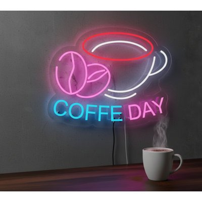  | Enseigne néon Coffe Day | Fabriqué avec des tubes néon flexibles durables qui émettent une lumière brillante et uniforme pendant plus de 50 000 heures sans gradation ni scintillement | 19 x 24 | Bleu et rose