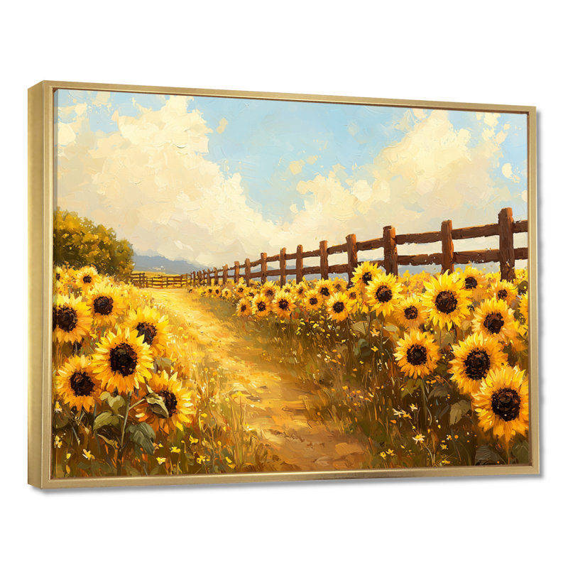 Donyai tournesols par le cheval Corral II - tournesols, art mural, H 34 po x l 44 po, Impression encadrée flottante, Doré