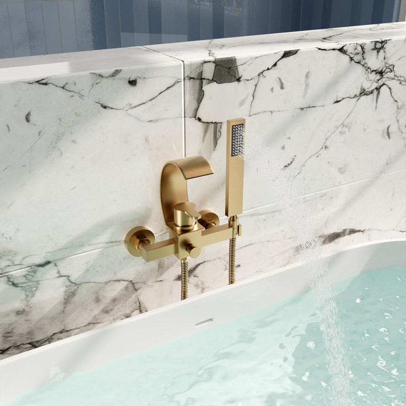 Ensemble de baignoire murale à poignée simple Casaign avec douchette cascade et robinet de douche à main, Or brossé